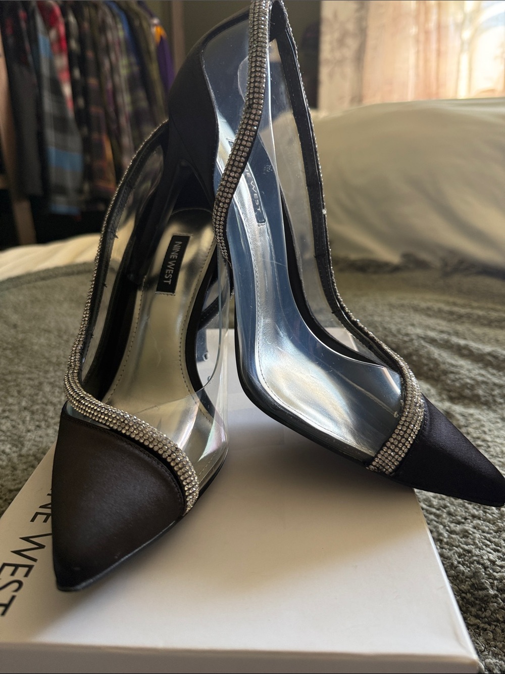 Nine West Black Pointed Toe Heels with Crystal Trim